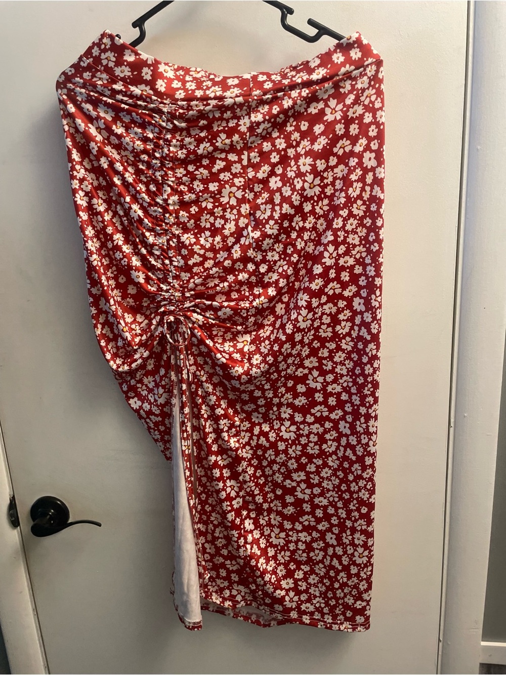SHEIN Red Floral Ruched Midi Skirt